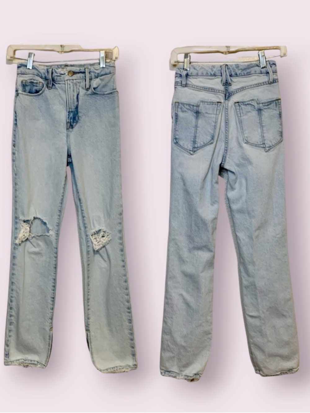 Good American Good Boy Split Hem High Waist Distressed Jeans Light Wash Size 24